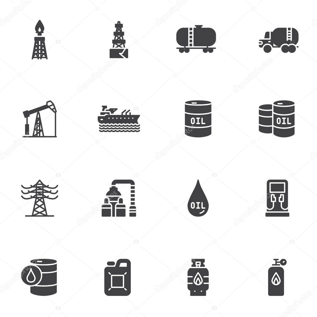 Oil industry vector icons set, modern solid symbol collection, fuel industry filled style pictogram pack. Signs, logo illustration. Set includes icons as crude oil tank, gasoline, tanker, oil pump