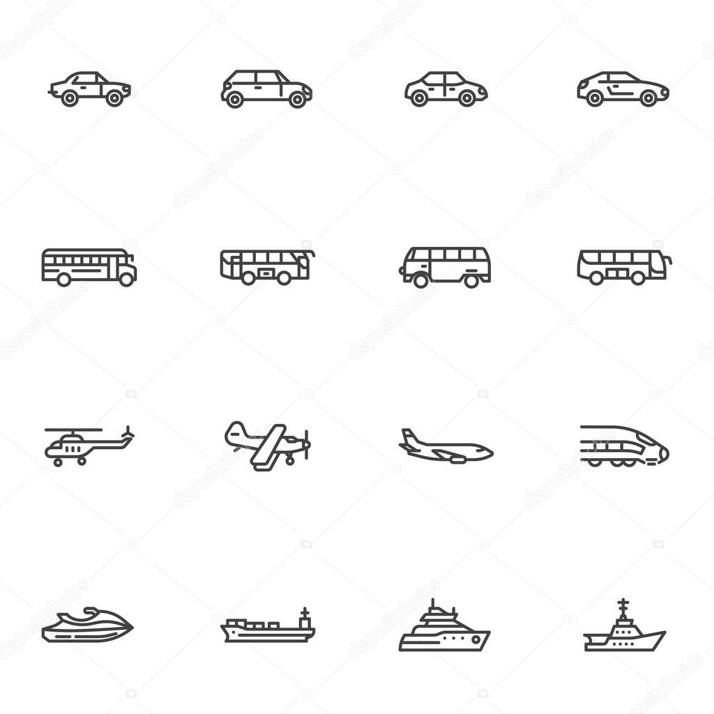 Transportation vehicle line icons set