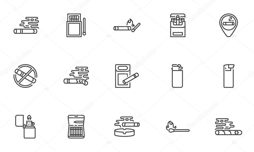 Cigarette smoking line icons set. linear style symbols collection, outline signs pack. Tobacco smoke vector graphics. Set includes icons as burning cigarette and ashtray, match and matchbox, lighter
