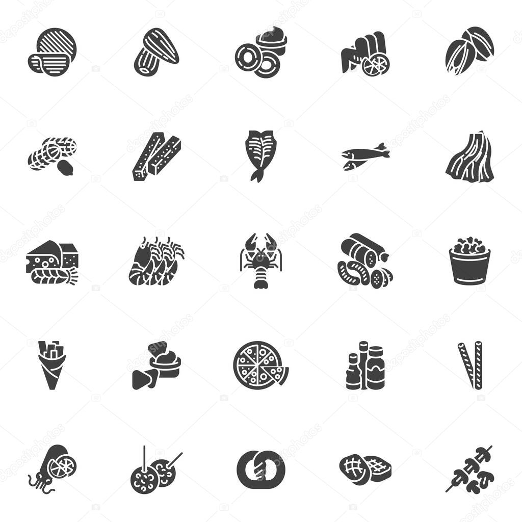 Beer snacks vector icons set, modern solid symbol collection, filled style pictogram pack. Signs, logo illustration. Set includes icons as potato chips, onion rings, grilled chicken wings, dried fish