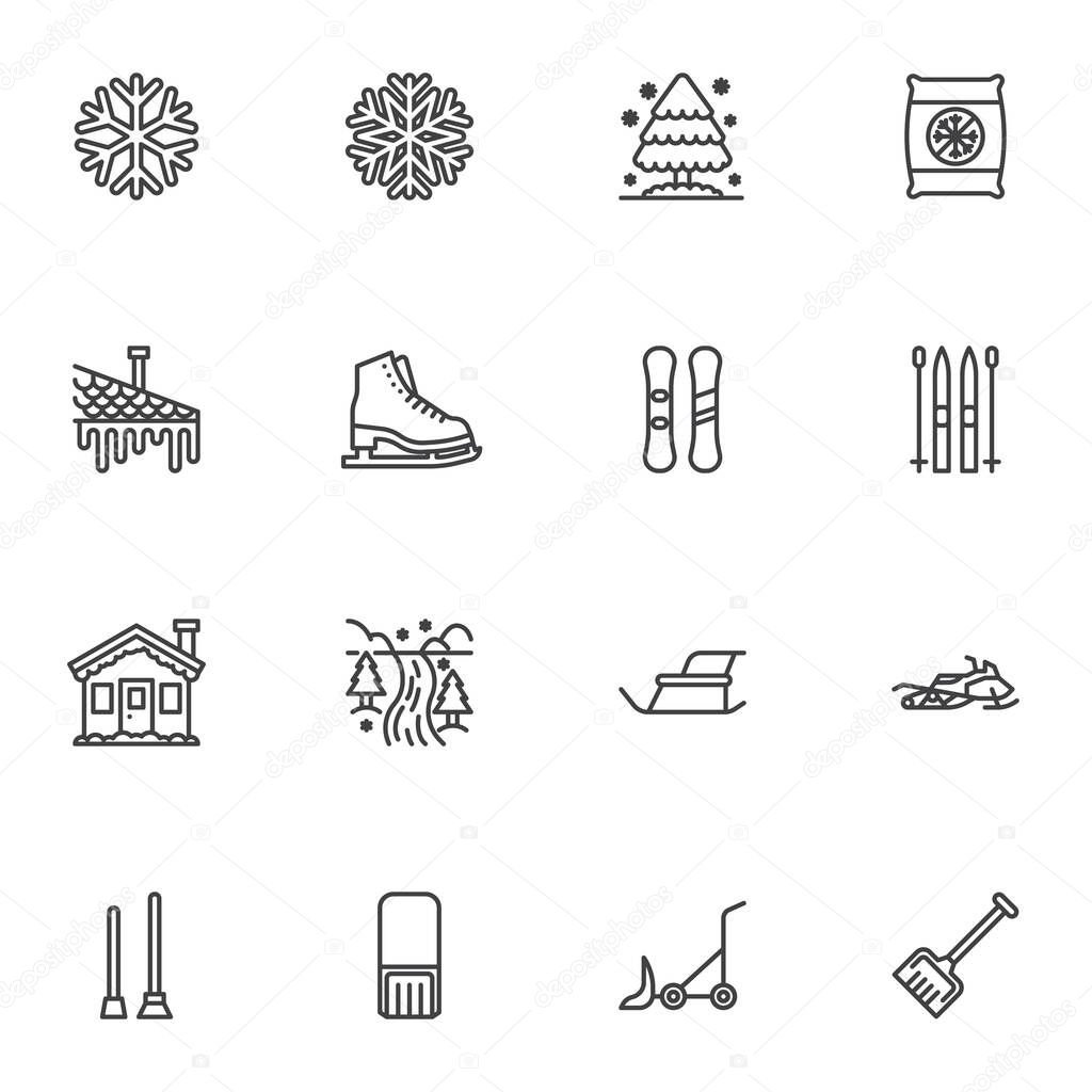 Winter related line icons set, outline vector symbol collection, linear style pictogram pack. Signs, logo illustration. Set includes icons as winter forest, ski, snow removal machine, snowflake, tree