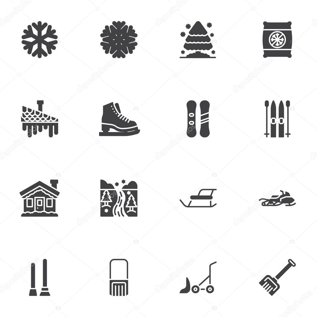 Winter related vector icons set, modern solid symbol collection, filled style pictogram pack. Signs, logo illustration. Set includes icons as winter forest, ski, snow removal machine, snowflake, tree