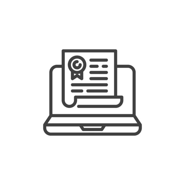 Laptop con icona della linea del documento contrattuale — Vettoriale Stock