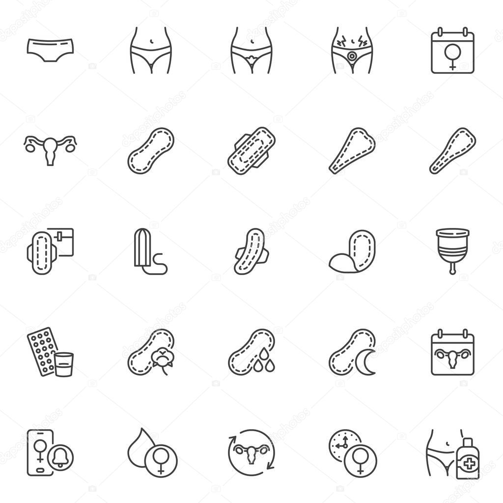 Menstruation cycle line icons set. linear style symbols collection, outline signs pack. Feminine intimate hygiene vector graphics. Set includes icons as intimate hygiene product, sanitary pad, tampon