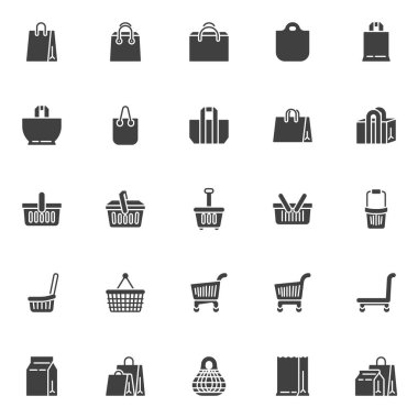 E-ticaret ve alışveriş vektör simgeleri seti, modern katı sembol koleksiyonu, doldurulmuş resim paketi. Logo illüstrasyonu işaretleri. Sette alışveriş poşeti, sepet, el arabası, tramvay ve kağıt paket olarak simgeler yer alıyor