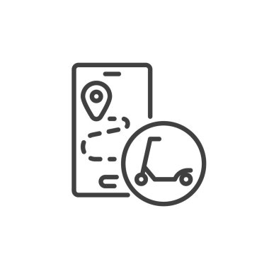 Scooter navigasyon çizgisi simgesi. Mobil konsept ve web tasarımı için doğrusal biçim işareti. Scooter rotası vektör simgesi. Sembol, logo çizimi. Vektör grafikleri