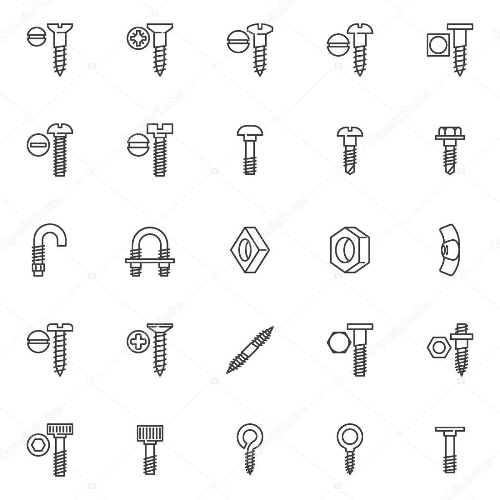 Types of screws line icons set. Fastener, fixing linear style symbols collection, outline signs pack. Bolt and screw vector graphics. Set includes icons as carriage bolt, hex head nut, square washer