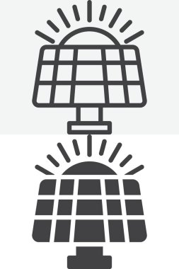 Güneş enerjisi paneli farklı stil simge paketi. Çizgi çizgisi ve katı ikon, düzenlenebilir vuruş vektör işareti ve sembol. Eko sıfır atık projeleri için özet ve kabartma sürümleri.