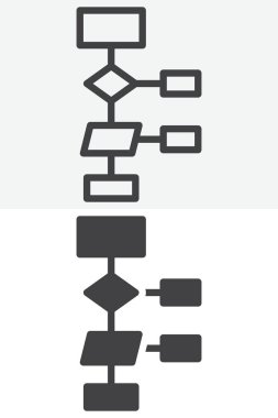 Akış şeması hizaya giriyor ve farklı bir biçim simgesi oluşturuluyor. Vektör, düzenlenebilir felç. Taslak ve sağlam simge çifti, algoritmalar, karar blokları, diyagramlar için simge imzası işleyin.