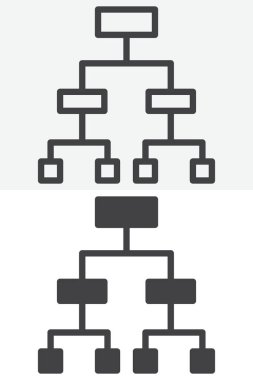 Organizasyon şeması hiyerarşisi ve katı farklı biçim simgesi seti. Düzenlenebilir felçli vektör. Taslak ve sağlam simge çifti, takımlar için yapı sembolü işareti.