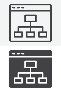 Satır içindeki blokların ağ diyagramı ve katı farklı biçim simgesi seti. Vektör, düzenlenebilir felç. Taslak ve sağlam simge sürümleri, sistemler için mimari sembol işareti.