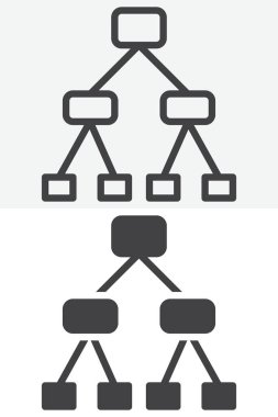 Hiyerarşi düğümleri hizada konnektörler ve katı farklı biçim simgesi seti. Düzenlenebilir felçli vektör. Taslak ve sağlam simge çifti, akış için organizasyon sembolü işareti.