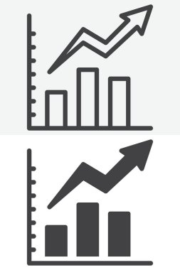 Kuyrukta trend çizgisi ve farklı biçim simgesi olan çubuk grafiği. Vektör, düzenlenebilir felç. Taslak ve sağlam simge çifti, iş KPI 'leri için büyüme sembolü işareti.