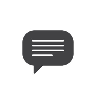 Yorum mesajı katı vektör simgesi. Bu kabartma işareti sosyal medya geribildirimi için mükemmel. Temiz bir vektör simgesi, forumlar ve tartışma platformları için bir sembol görevi görür.