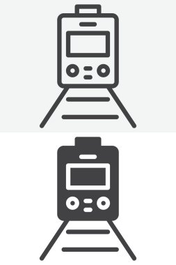 Raylardaki tren farklı stil simgesi seti. Çizgi ve kabartma versiyonu, dış hat ve katı vektör işareti. Düzenlenebilir felç taşıma simgesi.