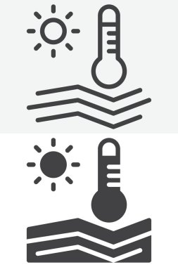 Sahil manzaralı termometre farklı stil ikonu seti. Çizgi ve kabartma versiyonu, dış hat ve katı vektör işareti. Düzenlenebilir felç yaz sıcaklığı simgesi.