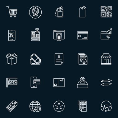 E-ticaret çizgisi simgeleri ayarlandı. Taslak vektör alışveriş, ödeme, QR kodu, satış etiketi, yazar kasa, cep telefonu cüzdanı, mağaza, dağıtım kutusu ve destek sembolleri. Online mağaza tasarımı için mükemmel