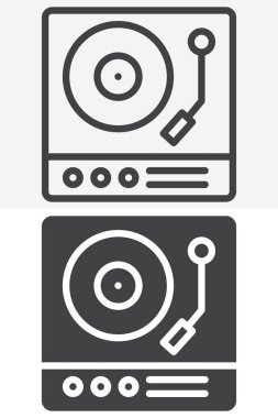 Turntable DJ ekipmanı farklı stil simgesi seti. Çizgi ve kabartma versiyonları, taslak ve katı vektör işareti, sembol, logo illüstrasyonu. Düzenlenebilir vuruş müzik simgesi.
