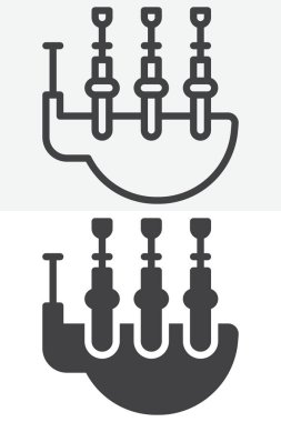 İskoç gayda enstrümanı farklı stil simgesi seti. Çizgi ve kabartma versiyonları, taslak ve katı vektör işareti, sembol, logo illüstrasyonu. Düzenlenebilir vuruş müzik simgesi.