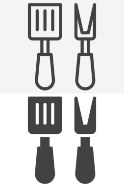 Mutfak spatulası ve çatal hizada, taslak ve katı farklı stil simgesi seti. BBQ ızgara araçları ve UI pişirme için düzenlenebilir felç vektör işareti ve sembol. Temiz çatal bıçak takımı. Simge.