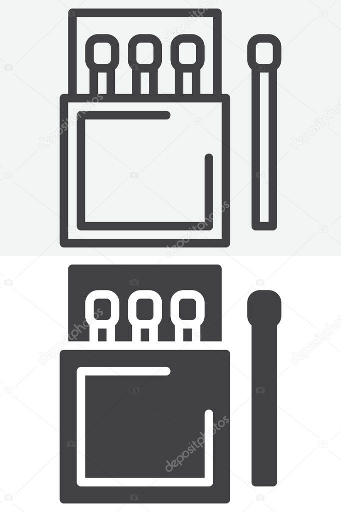 Matchbox with matches in line, outline and solid different style icon set. Editable stroke vector sign and symbol for fire start, grill and camping layouts. Simple box. Icon.