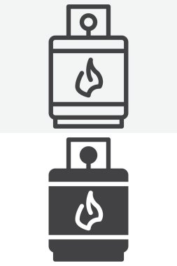 Gaz çakmağı hizada, ana hatlar ve katı farklı stil simgesi seti. BBQ başlangıç, kamp ve soba kullanımı için düzenlenebilir vuruş vektör işareti ve sembol. Küçük, güvenli bir vücut. Simge.