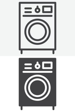 Çamaşır makinesinin ön yükü farklı stil çizgisi ve sağlam simge seti. Taslak ve katı vektör işareti ve sembol, düzenlenebilir vuruş. Misafir servisleri için resimli çamaşır simgesi.