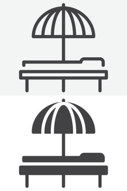 Güneş yatağı, farklı stil çizgileri ve katı bir ikon seti olan güneş pancarı. Taslak ve katı vektör işareti ve sembol, düzenlenebilir vuruş. Tatil yerleri için plaj boş resim simgesi.