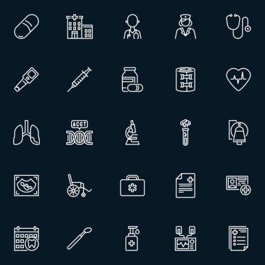İlaç, hastane, doktor, hemşire, steteskop, şırınga, DNA, akciğer, mikroskop, ultrason, tekerlekli sandalye, test tüpü, raporlama sembolü ve daha önemli tıbbi işaretler içeren tıbbi çizgi çizgisi ana hatları simgesi.
