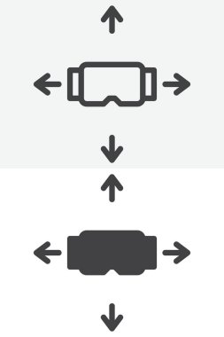 VR gözlükleri ve dört ok çizgisi ve sağlam bir ikon seti. Taslak ve katı vektör işareti ile düzenlenebilir vuruş. Kapsamlı hareket denetimi için yönelimli VR simgesi simgesi.