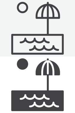 Yüzme havuzu ve güneş şemsiyesi ana hatlarıyla ve sağlam ikon tarzıyla. Düzenlenebilir vuruş vektör işareti ve sembol. Bu havuz şemsiyesi ikilisi iki versiyonda görünür.