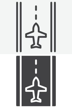 Havaalanı pisti hattı ve sağlam ikon seti. Düzenlenebilir vuruş vektör işareti ve iniş şeridini gösteren sembol içeren taslak ve katı simge.