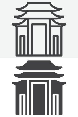 Pagoda binası sırayla, ana hatlarıyla ve sağlam ikon biçimleriyle oluşturuldu. Düzenlenebilir vuruş vektör işareti ve sembol. Bu pagoda simgesi seti iki geleneksel Asya tarzını içerir.