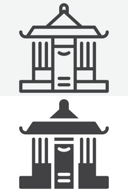 Shinto tapınağı yapı ikonu, saf tarzda dizilmiş ve ana hatları çizilmiş. Düzenlenebilir vuruş vektör simgesi, kutsal Japonca işaret ve sembol.