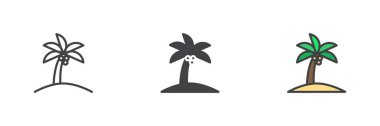 Kuyrukta küçük palmiye ağacı ikonu, katı ve renkli bir taslak. Plaj simgesi vektör işareti, sembol, renk tropikal paket olarak iki kez gösterilir.