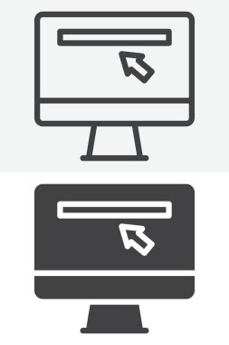 Bilgisayar monitörü web sitesi simgesi farklı şekilde ayarlandı. Satır ana hatları simgesi ve katı sürüm, düzenlenebilir vuruş vektör işareti ve UI, web tasarımı ve SEO sembolü.