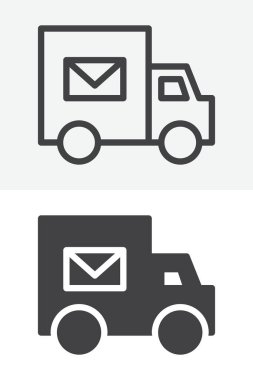 Posta kamyonu simgesi farklı bir şekilde ayarlandı. Çizgi, taslak ve düzgün bir ikon. Posta iletim simgesi için vektör işareti ve sembol.