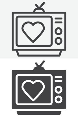 Televizyondaki kalp sembolü farklı stil simgesi seti. Çizgi, taslak ve katı ikon vektör işareti ve sembolü. Favori ortam için düzenlenebilir vuruş vektör simgesi.