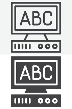 Eski kişisel bilgisayar farklı biçim simgesi seti. Çizgi, taslak ve düzeltilebilir vuruşlu simge sürümleri. Teknoloji eğitimi için vektör işareti ve sembol. Bilgisayar simgesi.