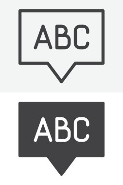 Konuşma balonunda ABC harfleri farklı bir biçim simgesi seti. Çizgi, taslak ve sağlam ikon versiyonları. Düzenlenebilir vuruş vektör işareti ve dil öğrenme sembolü. Konuşma simgesi.
