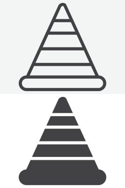 Trafik konisi simgesi farklı şekilde ayarlandı. Çizgi, taslak ve düzgün bir ikon, düzenlenebilir vuruş vektör işareti ve sembolü var. Mühendislik için güvenlik konisi simgesi.