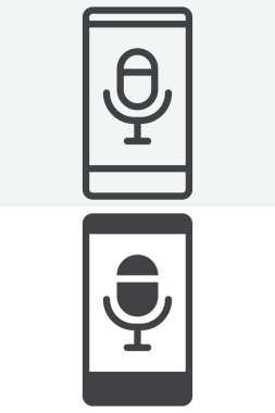 Sıraya dizilmiş, ana hatları ve sağlam stili olan akıllı telefon. Mobil haber simgesi, ses kaydı ve gazetecilik simgesi için düzenlenebilir felç vektörü işareti ve sembol.