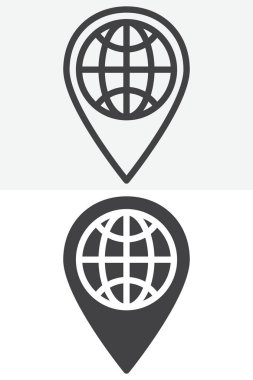 Harita pin ortam simgesine sahip dünya hizada, ana hatda ve sağlam stilde ayarlandı. Yerel haber simgesi, konum ve ortam simgesi için düzenlenebilir vuruş vektörü işareti ve sembolü.