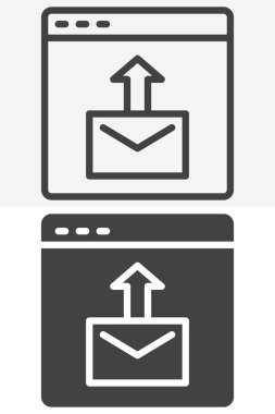 Posta kutusu simgesini farklı biçimlerde gönder. Çizgi ve taslak, katı sürüm vektör simgesi ve düzenlenebilir vuruş. Gönderme simgesi için e- posta işareti ve sembol.