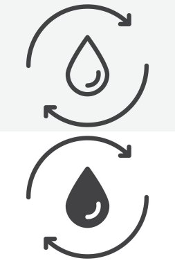 Su damlaları ve geri dönüşüm okları farklı stil simgelerinde. Çizgi, taslak ve düzgün bir ikon, düzenlenebilir vuruş vektör işareti ve sembolü var. Ekoloji ve kaydetme simgesi için su ikonunu geri dönüştür.