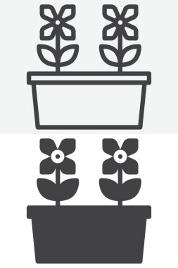 Farklı tarz ikon setinde bitkilerle dekoratif saksı. Çizgi, taslak ve düzgün bir ikon, düzenlenebilir vuruş vektör işareti ve sembolü var. Bahçecilik, ekoloji ve ev ikonu için saksı simgesi.