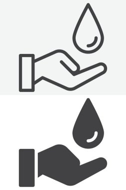 Eller su damlasını farklı bir şekilde tutuyor. Çizgi, taslak ve düzgün bir ikon, düzenlenebilir vuruş vektör işareti ve sembolü var. Temiz su, tasarruf ve ekoloji ikonu için su bakımı ikonu.