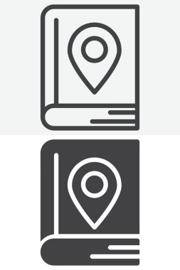 Harita rehberi farklı biçim simgesi seti. Çizgi, taslak ve katı ikon vektör sembolü ile düzenlenebilir vuruş. Seyahat ve gezinti için rehber kitap simgesi.