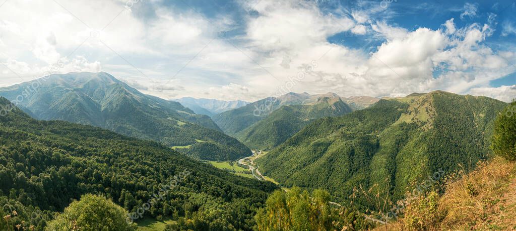 Panoramic view of the Caucasus mountains. Near the village of Arkhyz. Karachay - Cherkessia, Russia, September 2019.