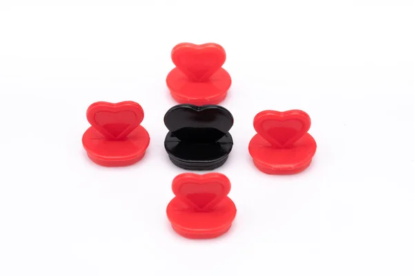 Red Heart Shaped Plastic Box Black Heart Shaped Plastic — Stock Photo, Image